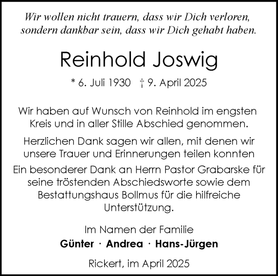 Traueranzeige von Reinhold Joswig von Schleswig-Holsteinische Landeszeitung