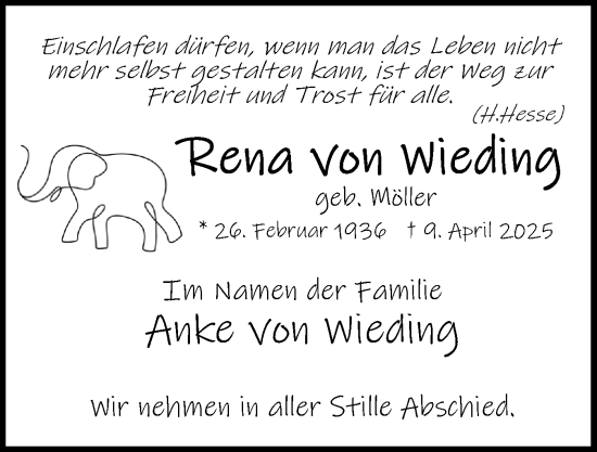 Traueranzeige von Rena von Wieding von Uetersener Nachrichten, Der tip am Wochenende
