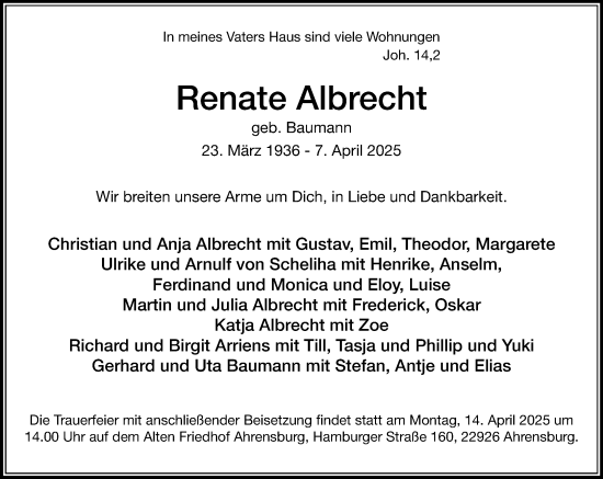 Traueranzeige von Renate Albrecht von MARKT Ahrensburg/Bargteheide/Trittau und Stormarner Tageblatt