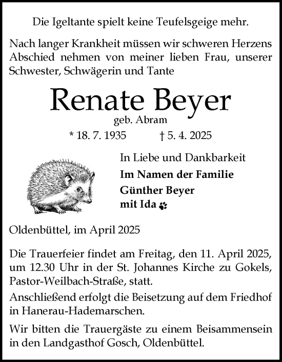 Traueranzeige von Renate Beyer von Schleswig-Holsteinische Landeszeitung