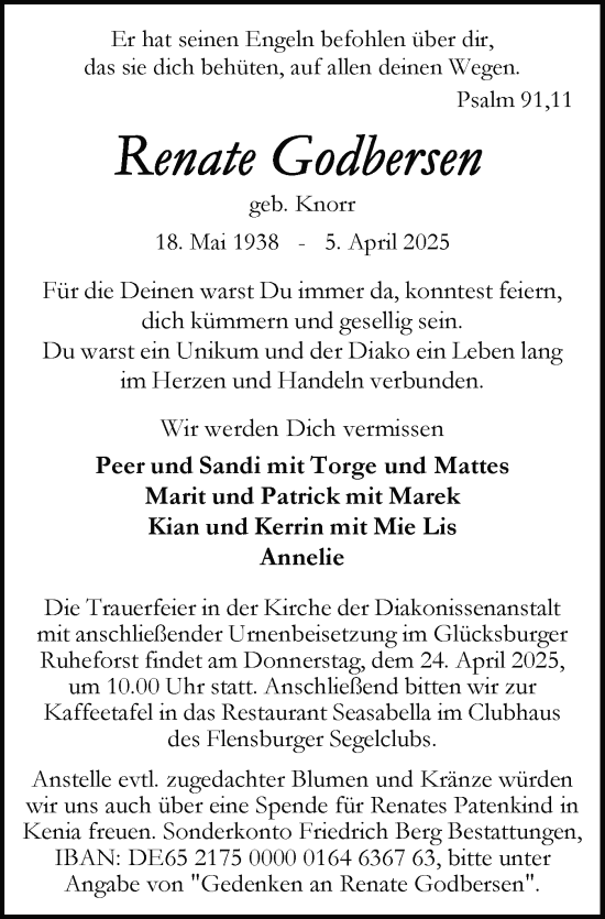 Traueranzeige von Renate Godbersen von Flensburger Tageblatt