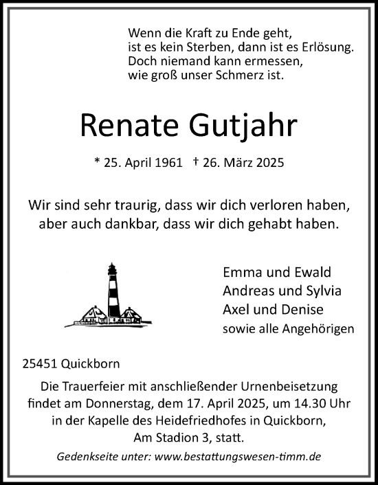 Traueranzeige von Renate Gutjahr von Region Pinneberg und tip Pinneberg