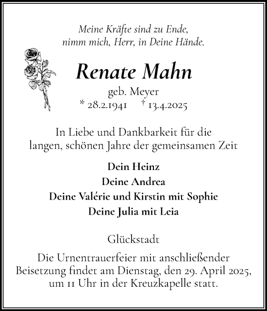 Traueranzeige von Renate Mahn von Norddeutsche Rundschau, Wilstersche Zeitung, Glückstädter Fortuna