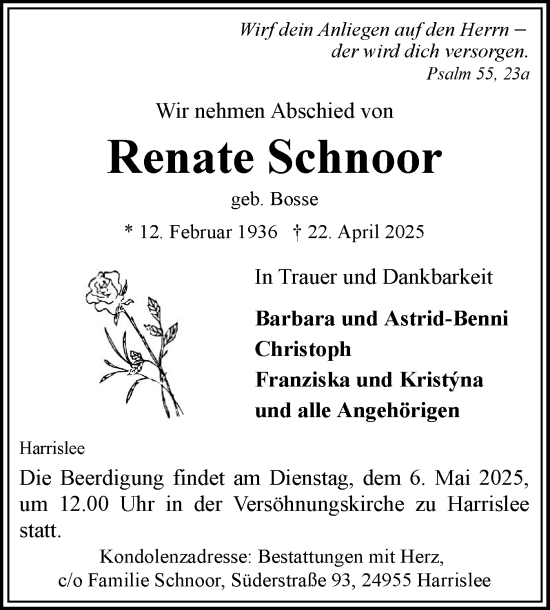 Traueranzeige von Renate Schnoor von Flensburger Tageblatt
