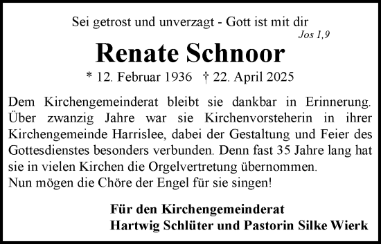Traueranzeige von Renate Schnoor von Flensburger Tageblatt