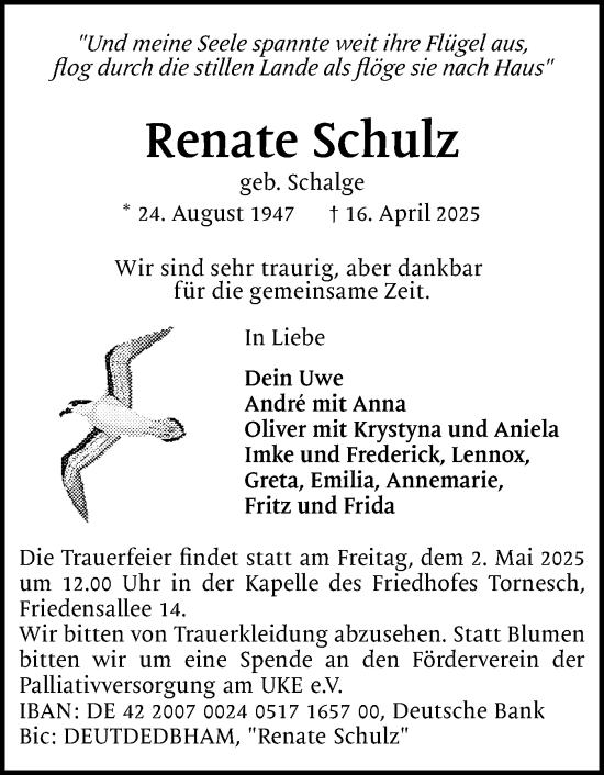 Traueranzeige von Renate Schulz von Uetersener Nachrichten, Der tip am Wochenende