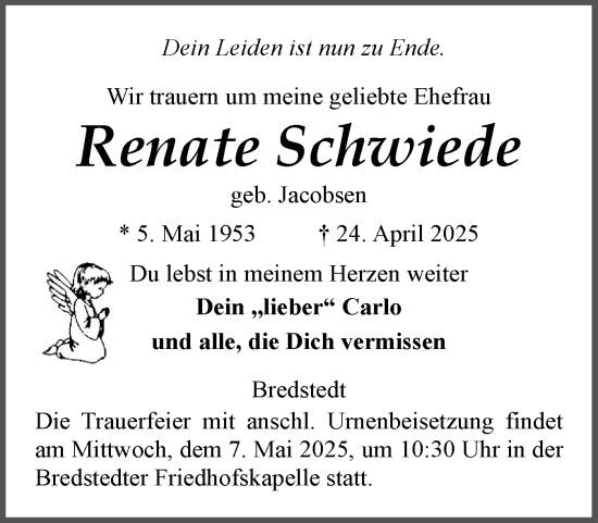 Traueranzeige von Renate Schwiede von Husumer Nachrichten, Nordfriesland Tageblatt