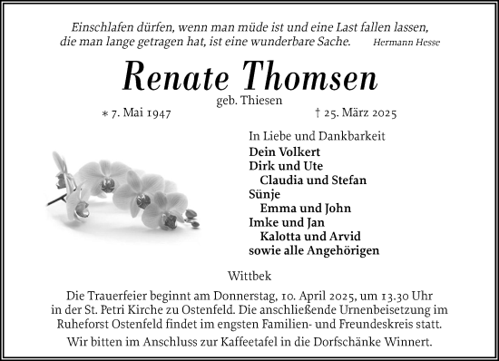 Traueranzeige von Renate Thomsen von Husumer Nachrichten, Nordfriesland Tageblatt