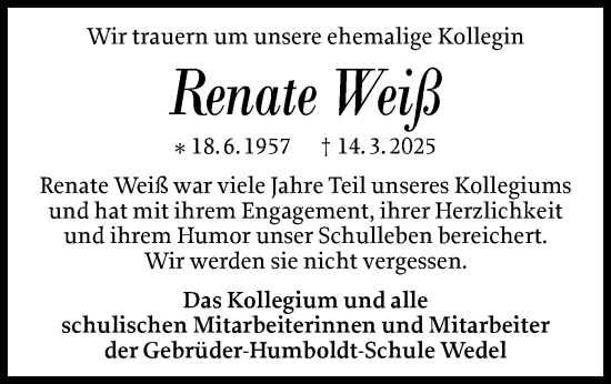 Traueranzeige von Renate Weiß von Wedel-Schulauer Tageblatt, tip Wedel-Schulauer Tageblatt, tip Rissener Rundschau