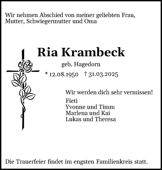 Traueranzeige von Ria Krambeck von Schleswig-Holsteinische Landeszeitung
