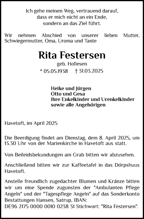 Traueranzeige von Rita Festersen von Flensburger Tageblatt, Schleswiger Nachrichten, Schlei-Bote