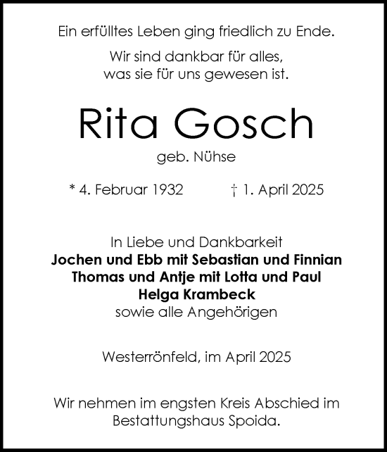 Traueranzeige von Rita Gosch von Schleswig-Holsteinische Landeszeitung