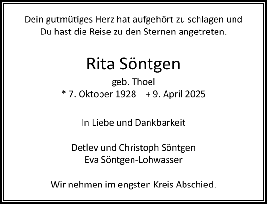 Traueranzeige von Rita Söntgen von MARKT Ahrensburg/Bargteheide/Trittau und Stormarner Tageblatt