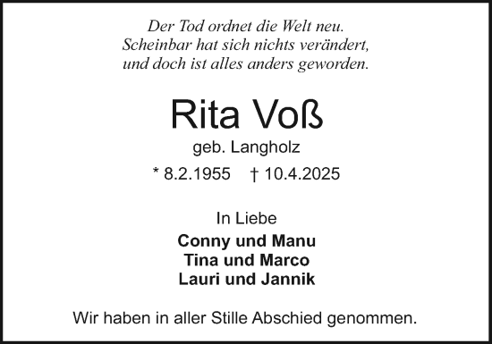 Traueranzeige von Rita Voß von Holsteinischer Courier