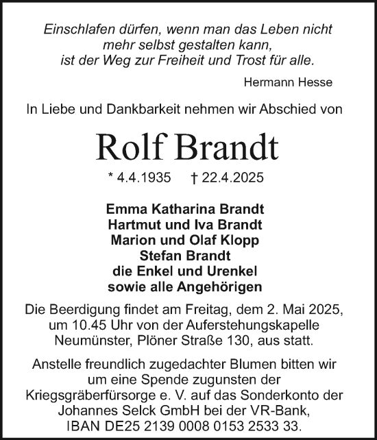 Traueranzeige von Rolf Brandt von Holsteinischer Courier