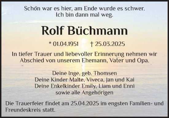 Traueranzeige von Rolf Büchmann von Schleswiger Nachrichten, Schlei-Bote