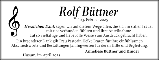 Traueranzeige von Rolf Büttner von Husumer Nachrichten, Nordfriesland Tageblatt