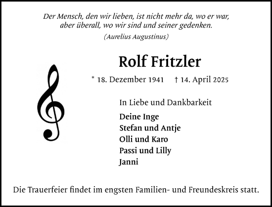 Traueranzeige von Rolf Fritzler von Uetersener Nachrichten, Der tip am Wochenende