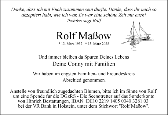 Traueranzeige von Rolf Maßow von Uetersener Nachrichten, Der tip am Wochenende