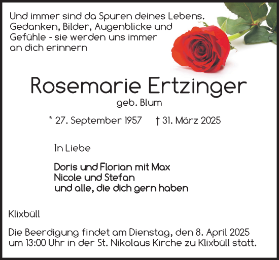 Traueranzeige von Rosemarie Ertzinger von Region Flensburg