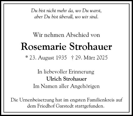 Traueranzeige von Rosemarie Strohauer von Heimatspiegel