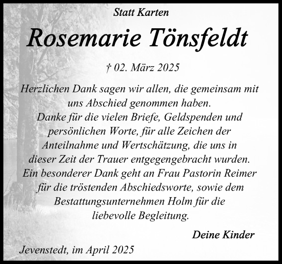 Traueranzeige von Rosemarie Tönsfeldt von Schleswig-Holsteinische Landeszeitung