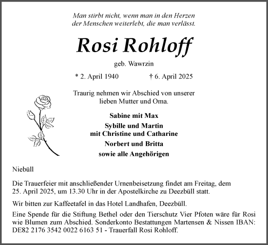 Traueranzeige von Rosi Rohloff von Husumer Nachrichten, Nordfriesland Tageblatt