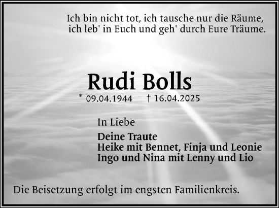 Traueranzeige von Rudi Bolls von Elmshorner Nachrichten, Barmstedter Zeitung