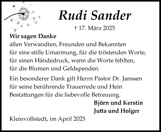 Traueranzeige von Rudi Sander von Schleswig-Holsteinische Landeszeitung