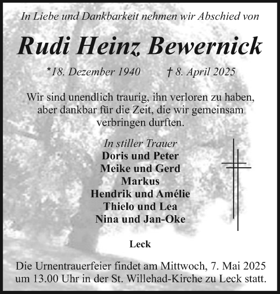 Traueranzeige von Rudi Heinz Bewernick von Region Flensburg
