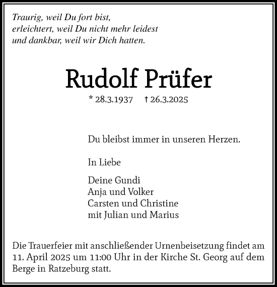 Traueranzeige von Rudolf Prüfer von MARKT Ratzeburg/Mölln