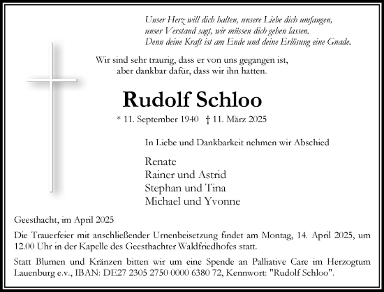 Traueranzeige von Rudolf Schloo von Wochenend Anzeiger