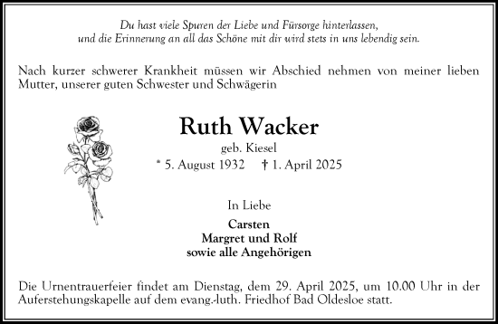Traueranzeige von Ruth Wacker von MARKT Bad Oldesloe/Reinfeld und Stormarner Tageblatt