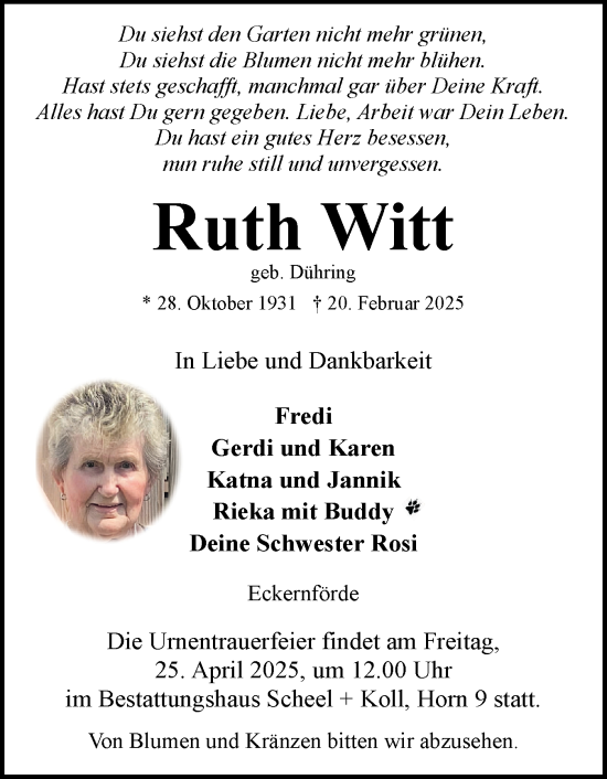 Traueranzeige von Ruth Witt von Eckernförder Zeitung, Hallo Eckernförde