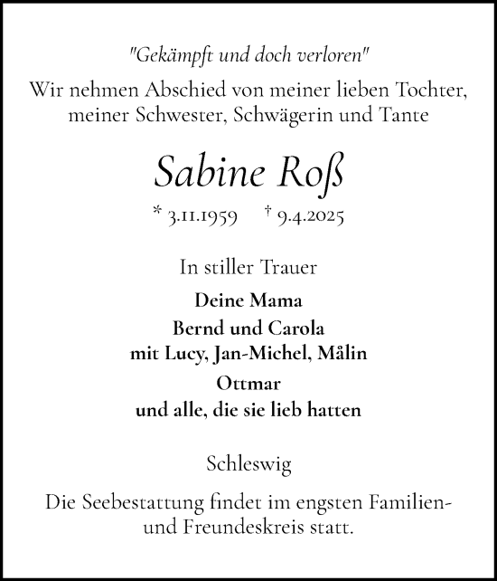 Traueranzeige von Sabine Roß von Schleswiger Nachrichten, Schlei-Bote