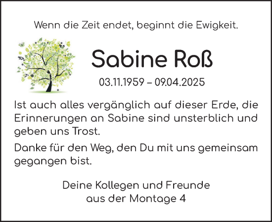 Traueranzeige von Sabine Roß von Schleswiger Nachrichten, Schlei-Bote