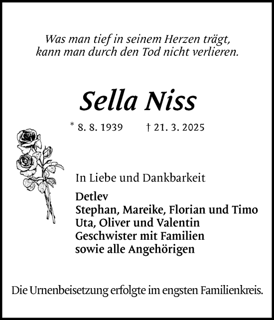 Traueranzeige von Sella Niss von Region Pinneberg und tip Pinneberg