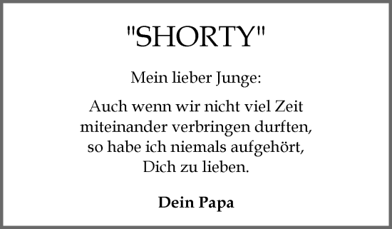 Traueranzeige von SHORTY  von Flensburger Tageblatt