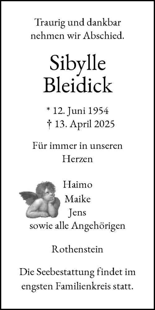 Traueranzeige von Sibylle Bleidick von Eckernförder Zeitung, Hallo Eckernförde