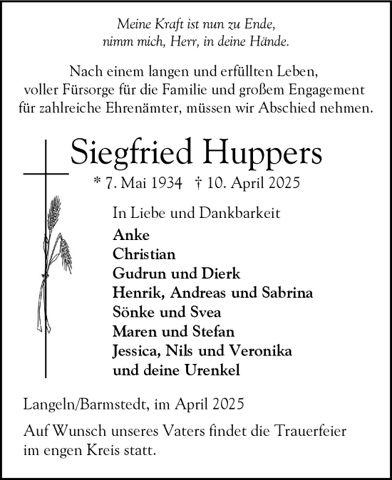 Traueranzeige von Siegfried Huppers von Elmshorner Nachrichten, Barmstedter Zeitung