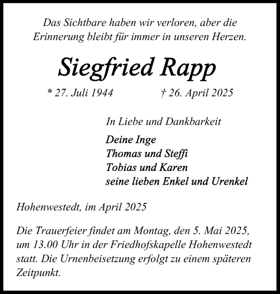 Traueranzeige von Siegfried Rapp von Schleswig-Holsteinische Landeszeitung