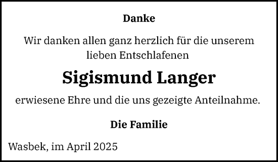 Traueranzeige von Sigismund Langer von Holsteinischer Courier