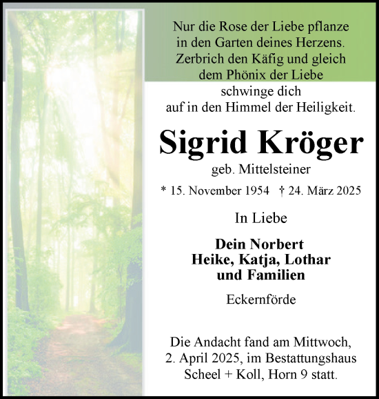 Traueranzeige von Sigrid Kröger von Hallo Eckernförde