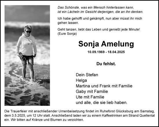 Traueranzeige von Sonja Amelung von Flensburger Tageblatt