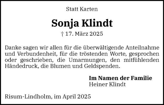 Traueranzeige von Sonja Klindt von Husumer Nachrichten, Nordfriesland Tageblatt