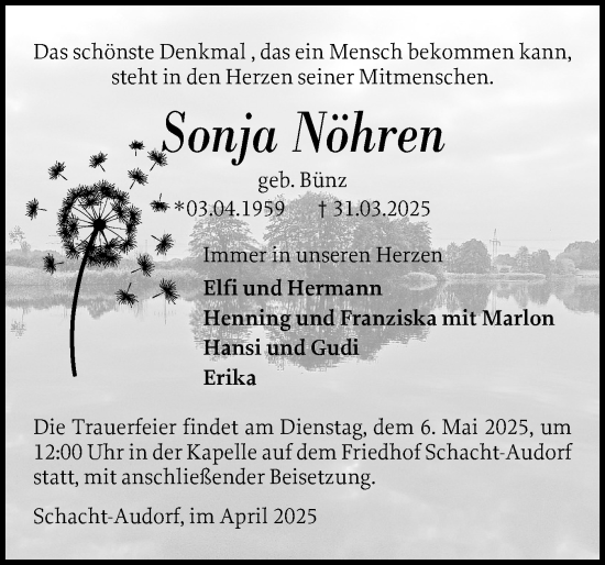Traueranzeige von Sonja Nöhren von Schleswig-Holsteinische Landeszeitung