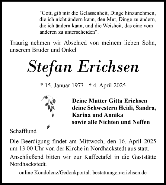 Traueranzeige von Stefan Erichsen von Flensburger Tageblatt
