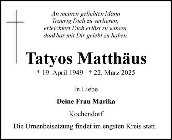 Traueranzeige von Tatyos Matthäus von Eckernförder Zeitung, Hallo Eckernförde
