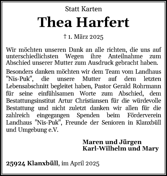 Traueranzeige von Thea Harfert von Husumer Nachrichten, Nordfriesland Tageblatt