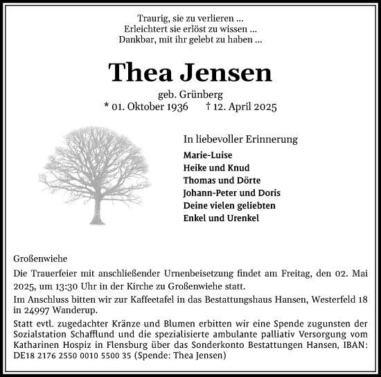 Traueranzeige von Thea Jensen von Region Flensburg